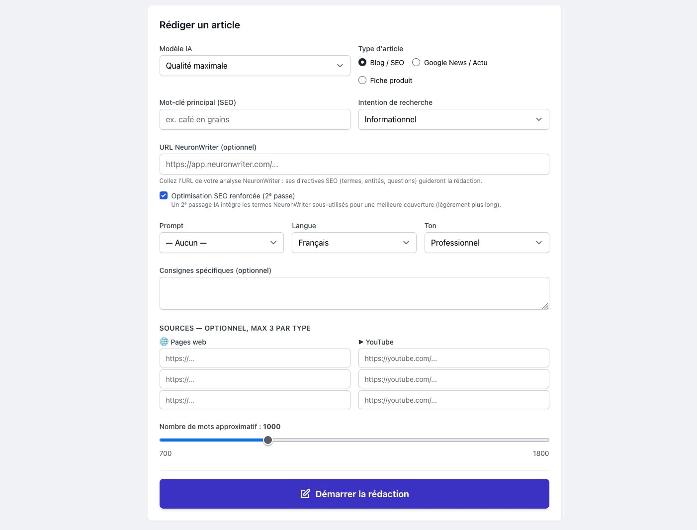 Aperçu de l'application EasyRedac : le formulaire de rédaction et l'aperçu de l'article généré